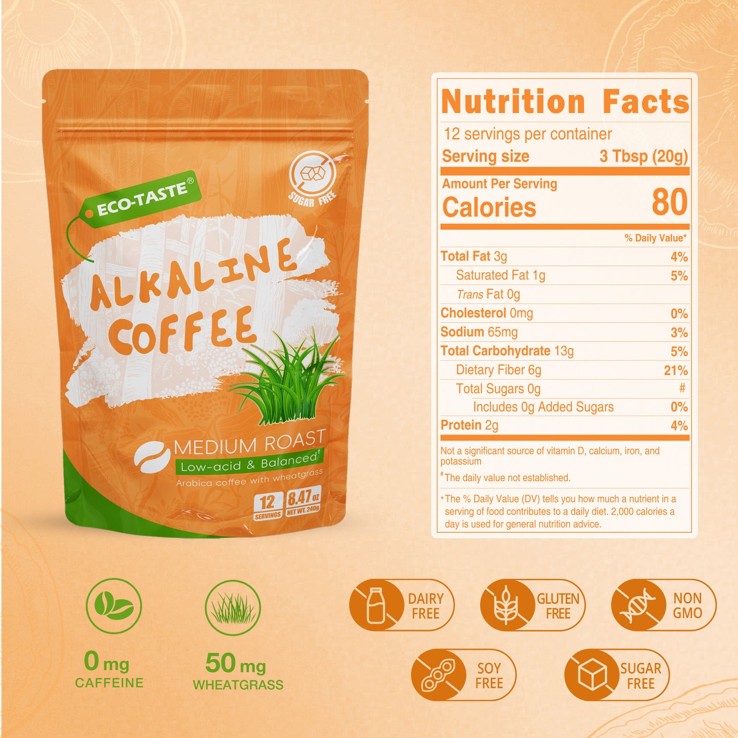 Alkaline Coffee Non-Dairy Powder, 8.47oz