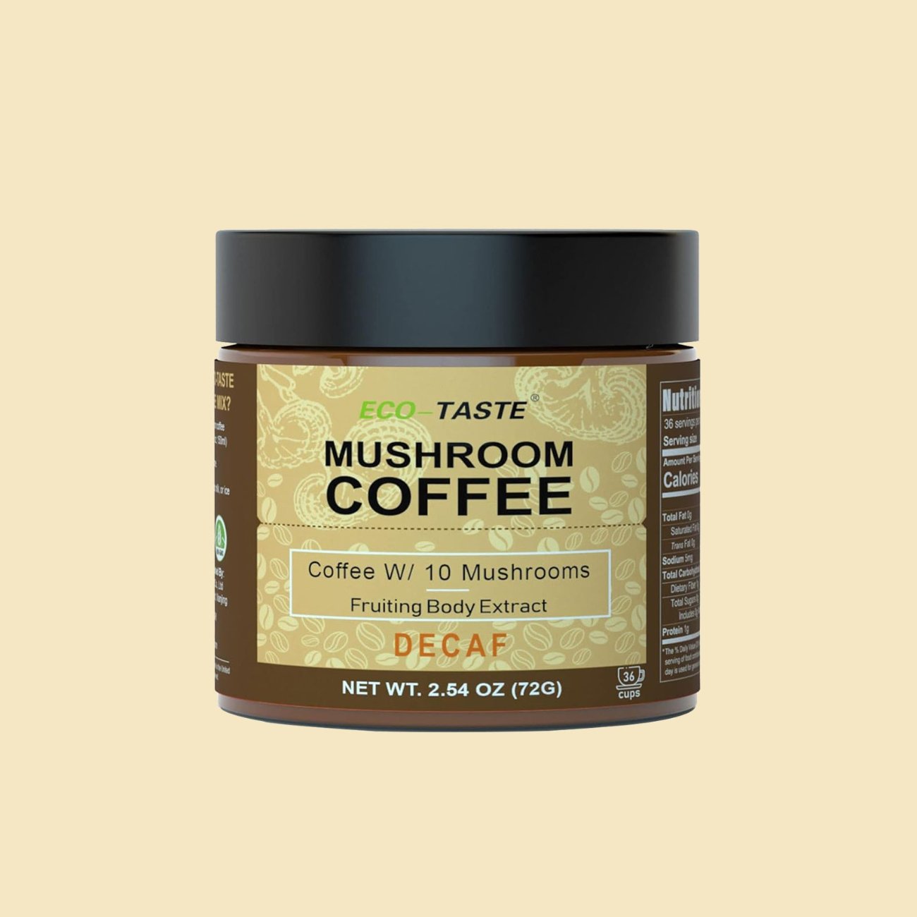 Decaf Mushroom Coffee - 36 Servings, Instant Coffee Mix Includes 10 Mushrooms Extract Powder 2.12oz