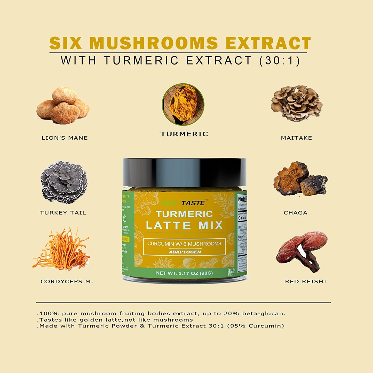 Mushroom Golden Latte with 95% Turmeric Curcumin and 6 Mushroom Extracts, 3.17oz