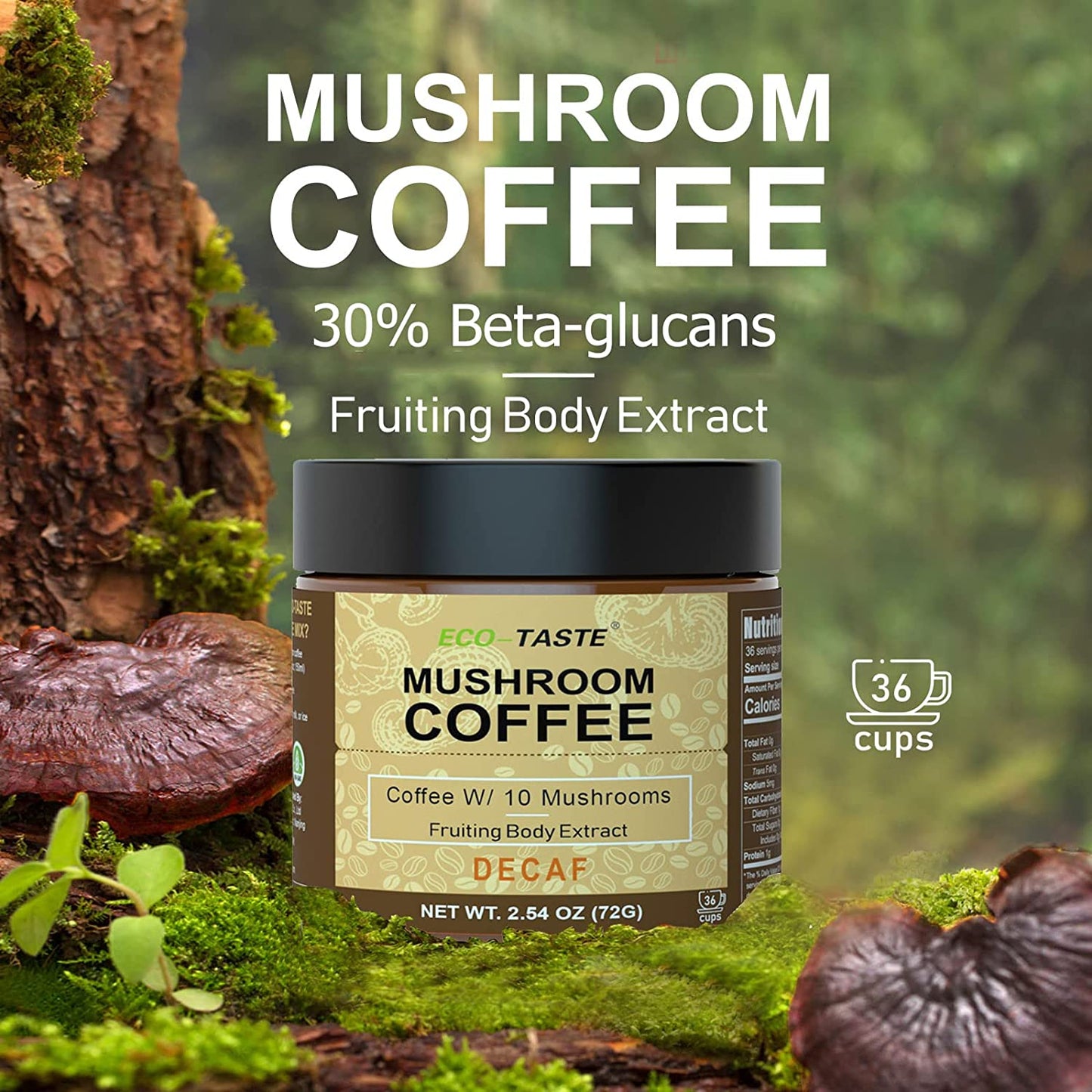 Decaf Mushroom Coffee - 36 Servings, Instant Coffee Mix Includes 10 Mushrooms Extract Powder 2.12oz