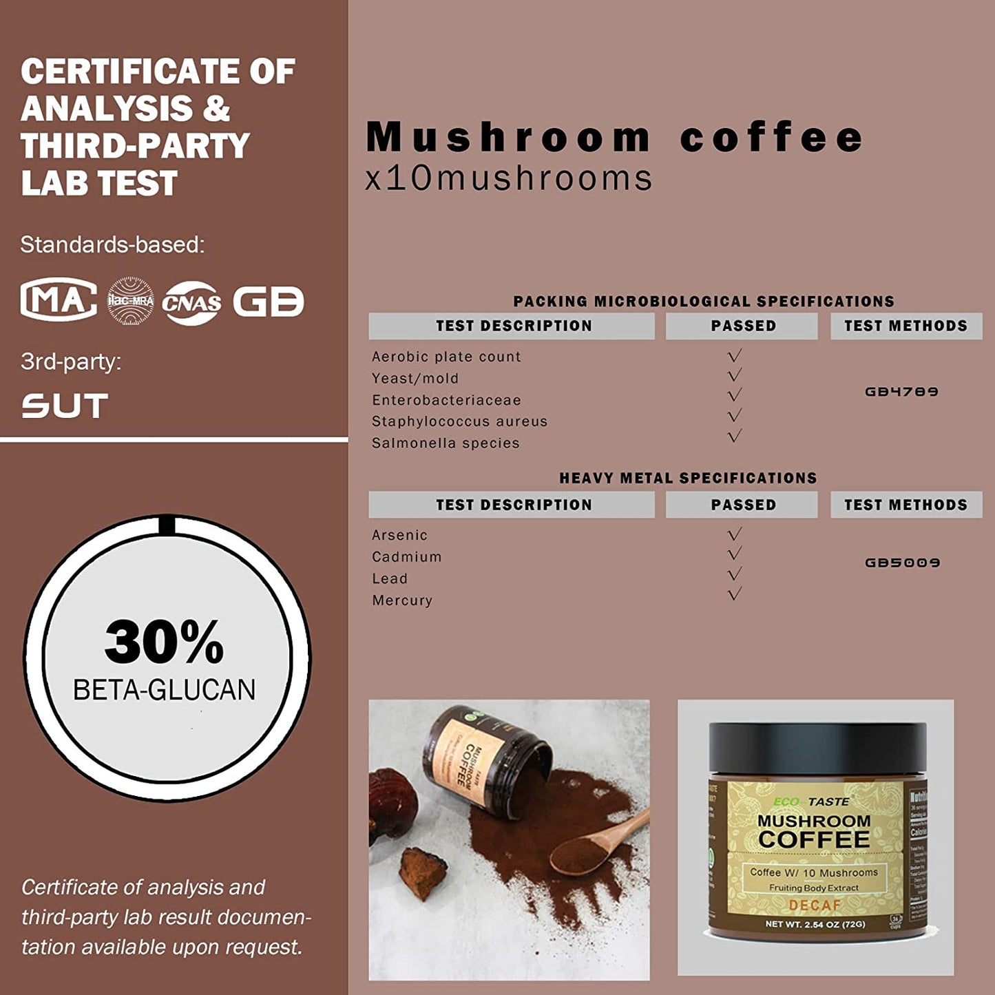 Decaf Mushroom Coffee - 36 Servings, Instant Coffee Mix Includes 10 Mushrooms Extract Powder 2.12oz
