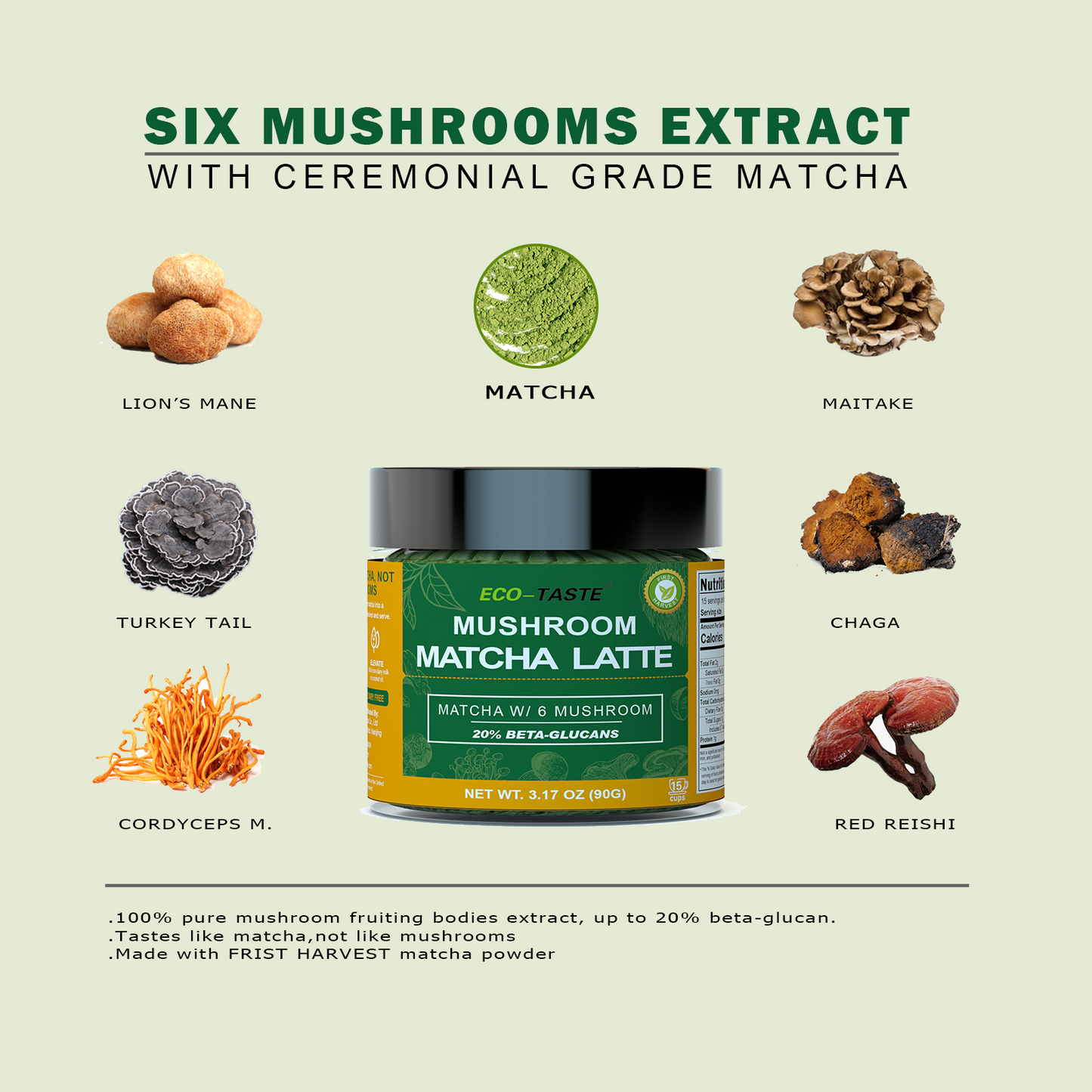 Matcha Latte Powder, Organic Mushroom Extract with Ceremonial Grade Matcha Mix, 3.17oz