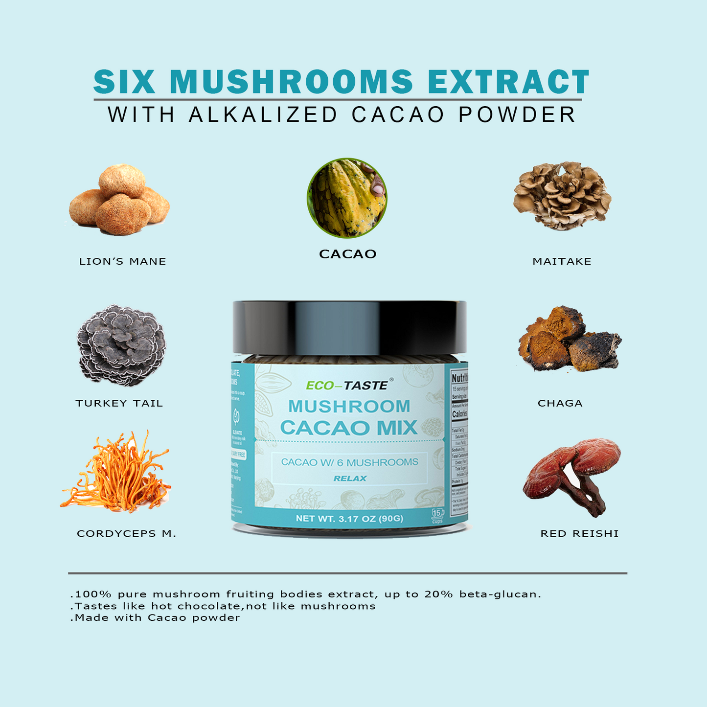 Mushroom Cacao Mix, Organic Mushroom Extract 1000mg, Vegan & Gluten-Free Coffee Alternative, 3.17oz