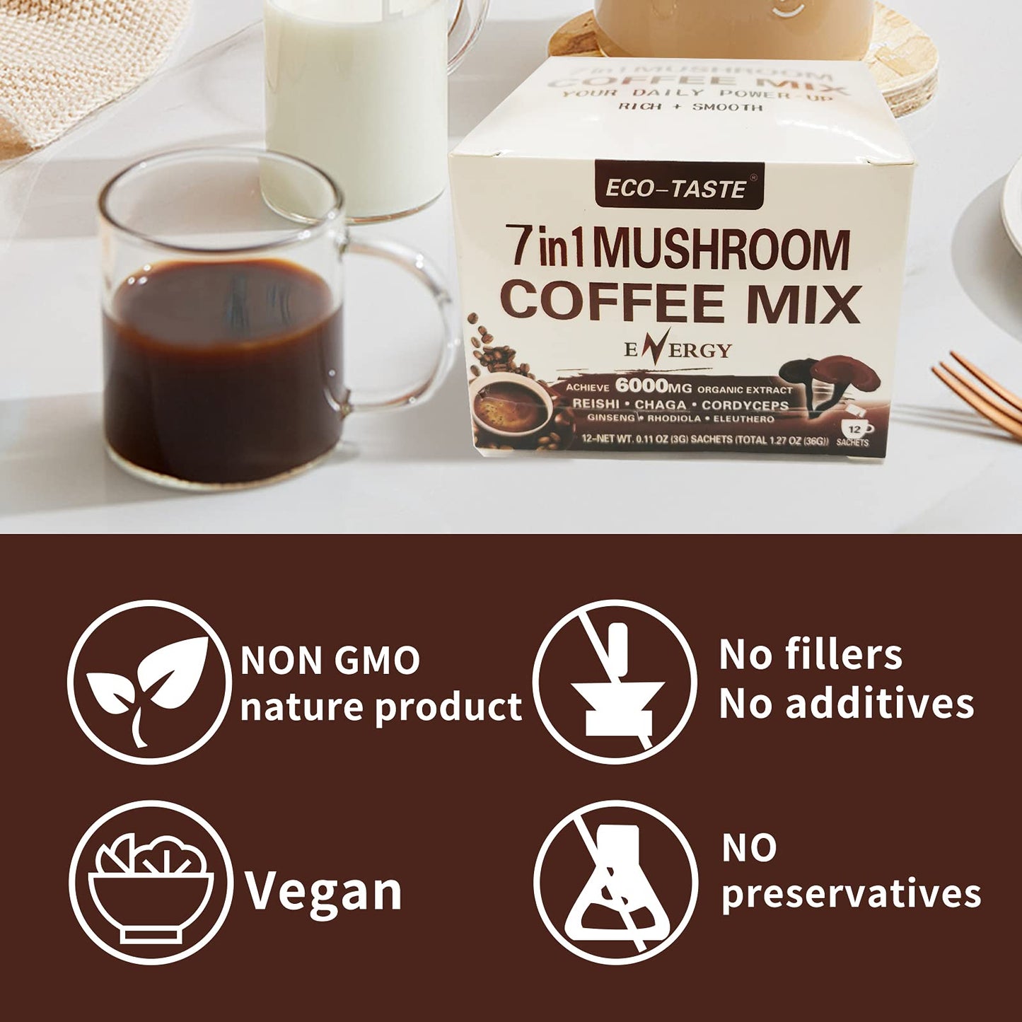 Mushroom Coffee for Eenergy and Immunity, 12sachets x 3g, 1.27oz