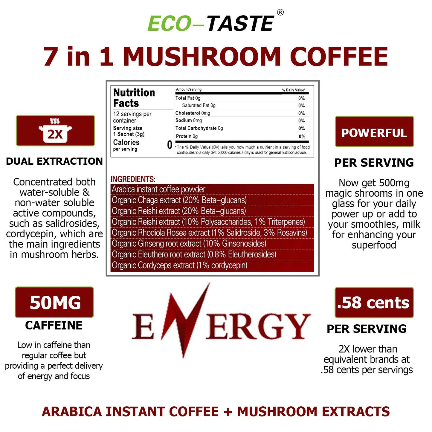 Mushroom Coffee for Eenergy and Immunity, 12sachets x 3g, 1.27oz