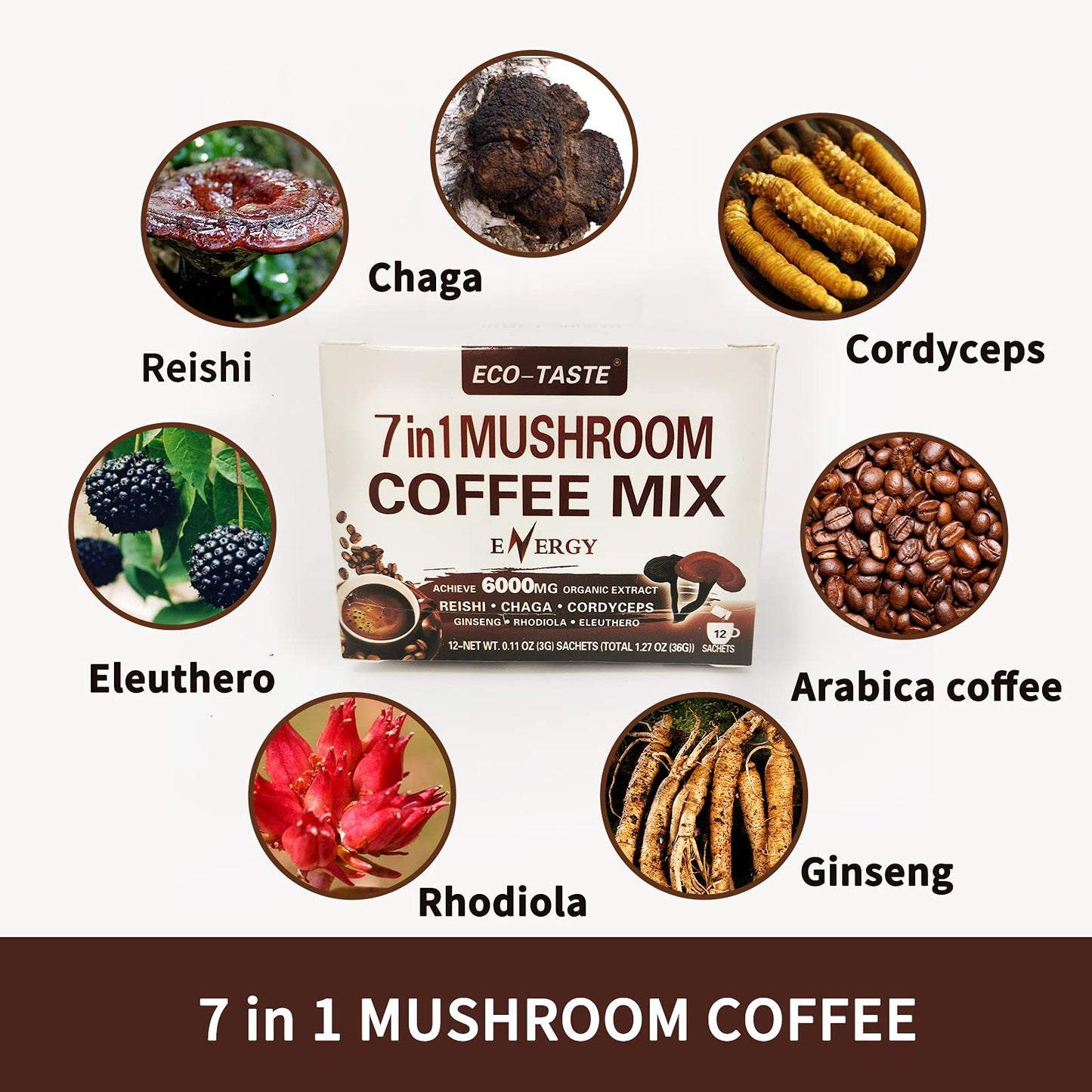 Mushroom Coffee for Eenergy and Immunity, 12sachets x 3g, 1.27oz