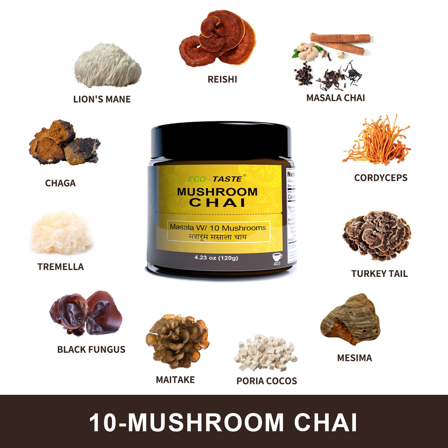 Mushroom Chai - 40 Servings, 10 Mushrooms Extract Powder with Masala Chai 120g