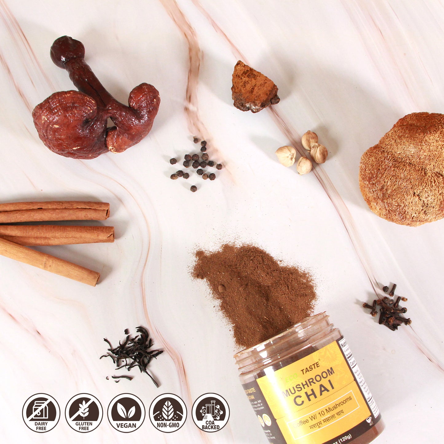 Mushroom Chai - 40 Servings, 10 Mushrooms Extract Powder with Masala Chai 120g