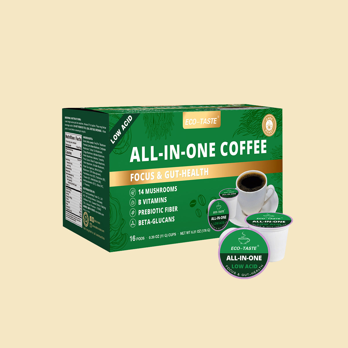 Low Acid Mushroom Coffee K Cup, 16 Count