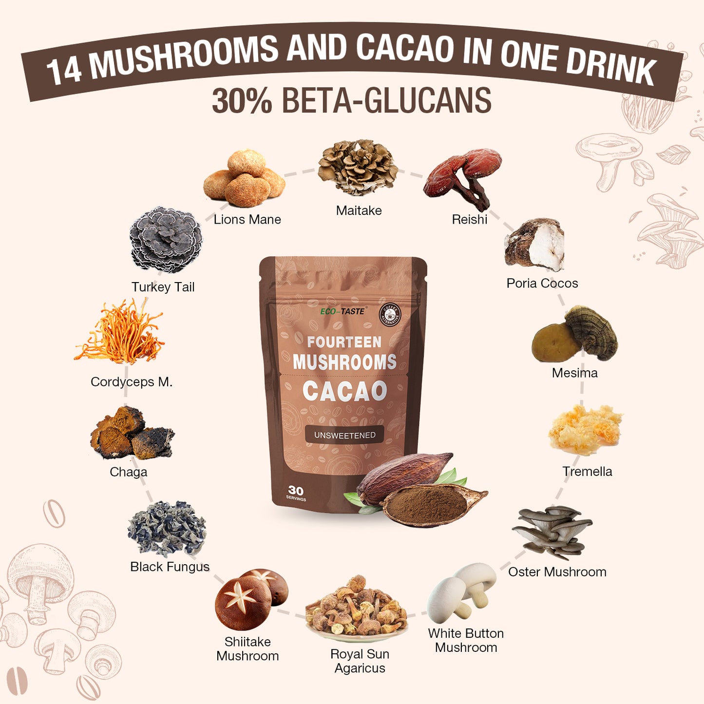 Mushroom Coffee Alternative 14 in 1 - 30 Servings, Cacao with 800mg Mushrooms