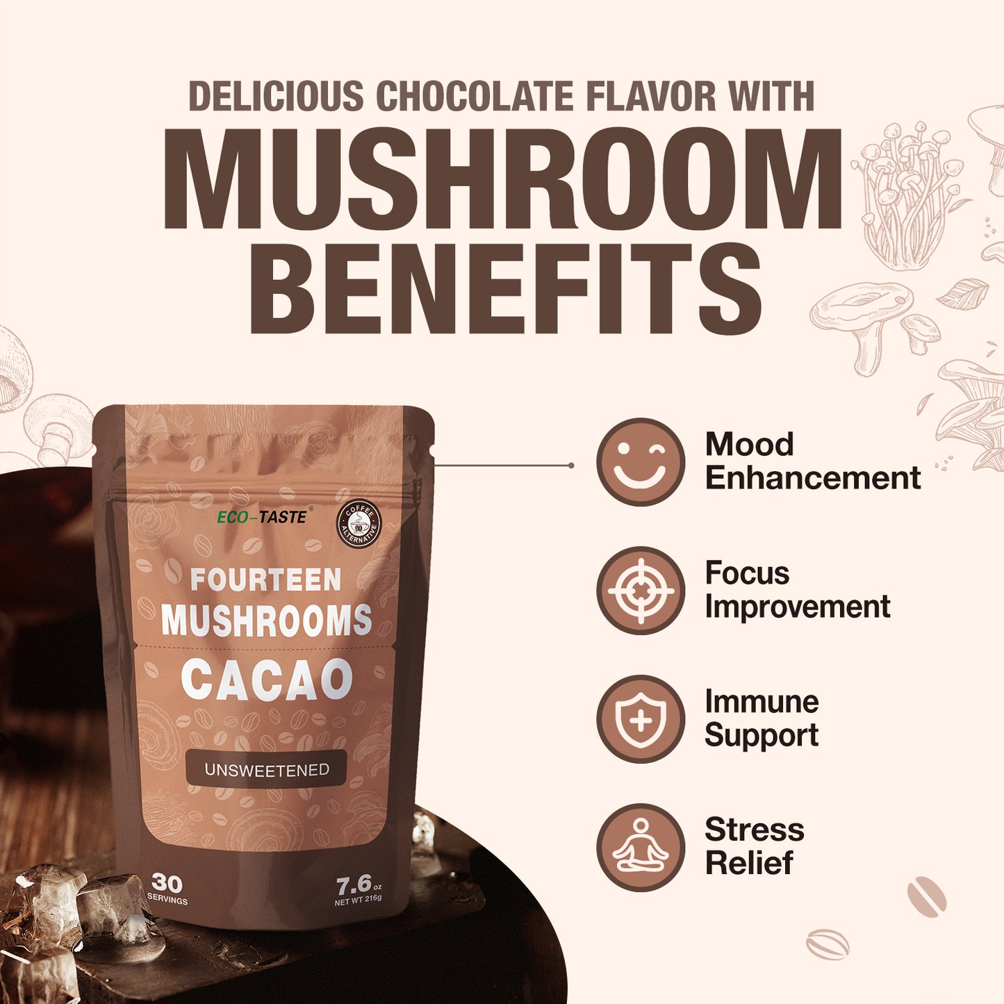 Mushroom Coffee Alternative 14 in 1 - 30 Servings, Cacao with 800mg Mushrooms