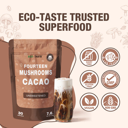 Mushroom Coffee Alternative 14 in 1 - 30 Servings, Cacao with 800mg Mushrooms