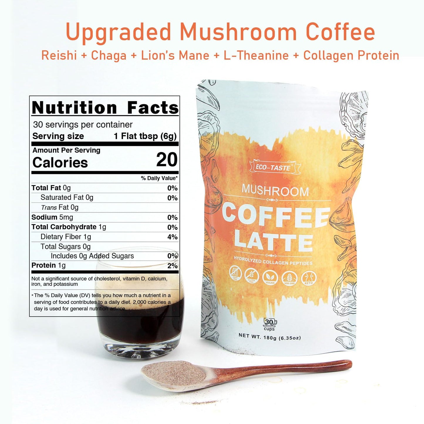 Mushroom Coffee Latte with Grass-Fed Collagen and L-Theanine, 180 Grams