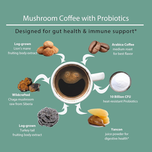 Mushroom Coffee Mix, Designed for Gut-Health with Chaga, Lion's Mane, Turkey Tail, Yacon and Probiotics – 12 Sachets