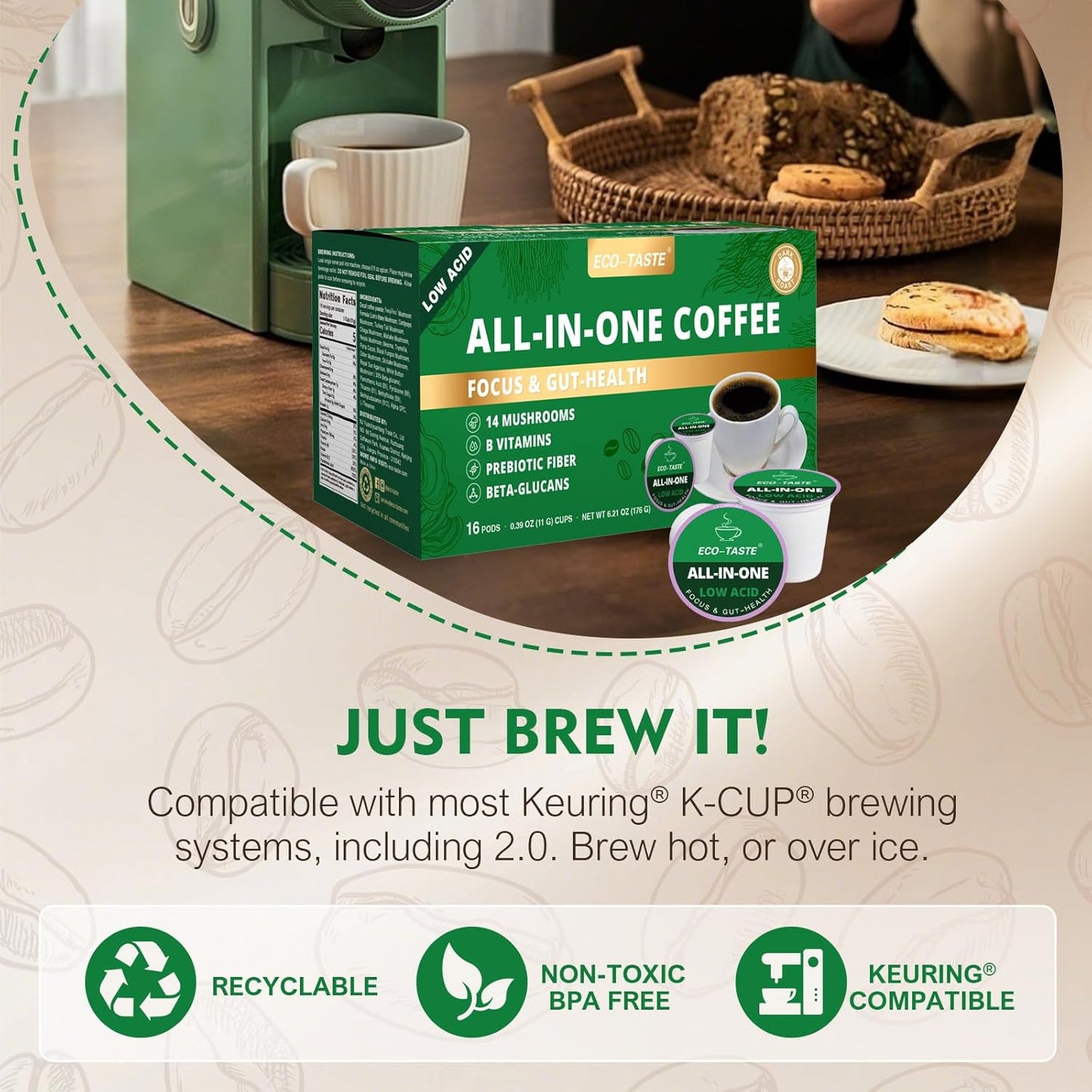 Low Acid Mushroom Coffee K Cup, 16 Count