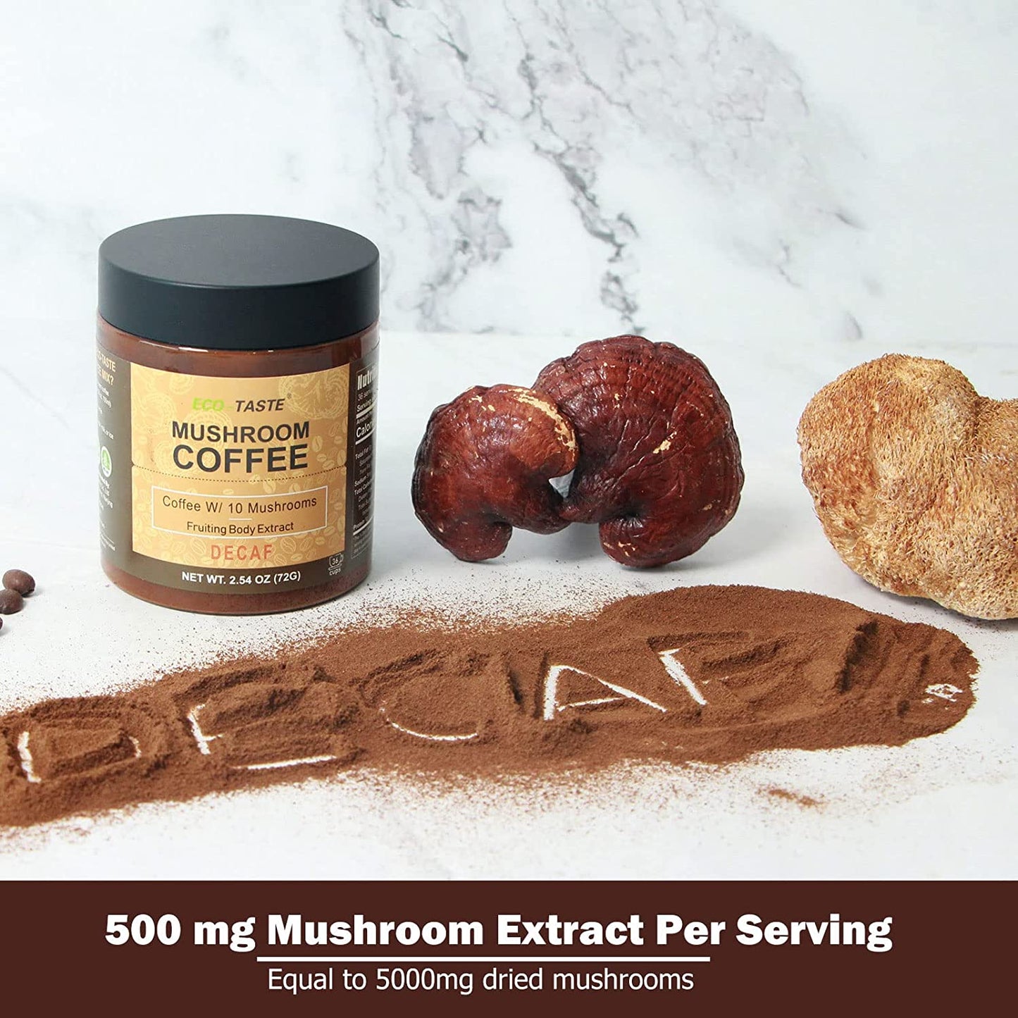 Decaf Mushroom Coffee - 36 Servings, Instant Coffee Mix Includes 10 Mushrooms Extract Powder 2.12oz