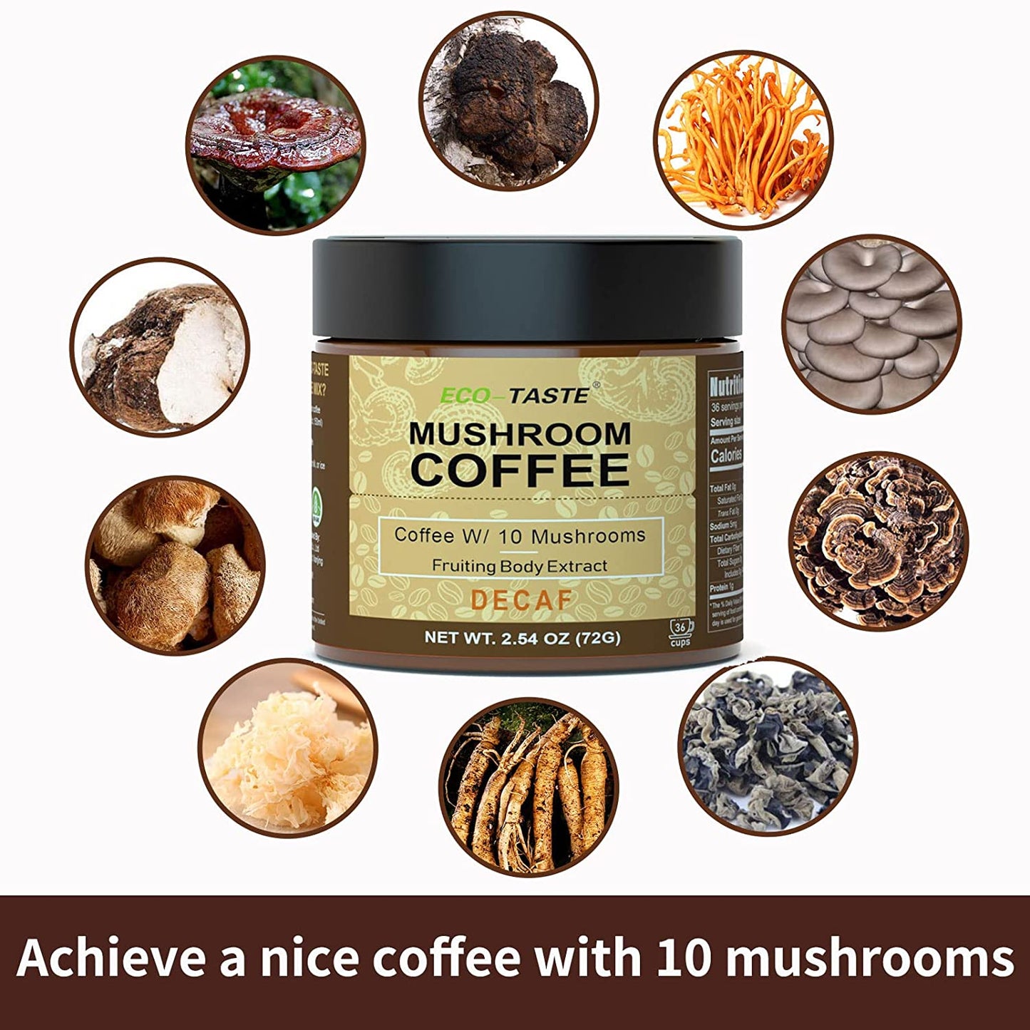 Decaf Mushroom Coffee - 36 Servings, Instant Coffee Mix Includes 10 Mushrooms Extract Powder 2.12oz