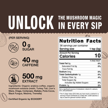 10 in 1 Mushroom Coffee Powder - 30% Beta-glucan-36 Servings, 72g