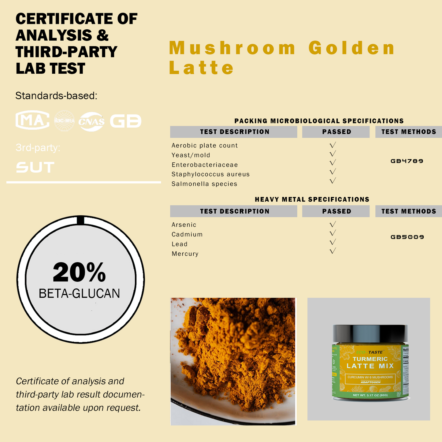 Mushroom Golden Latte with 95% Turmeric Curcumin and 6 Mushroom Extracts, 3.17oz
