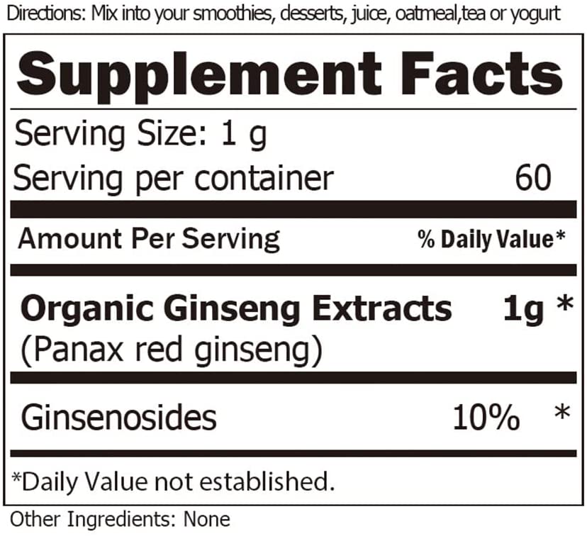 Red Ginseng Root Extract Powder-Korean Panax, 10% Ginsenosides, For Smoothie, 2.12oz