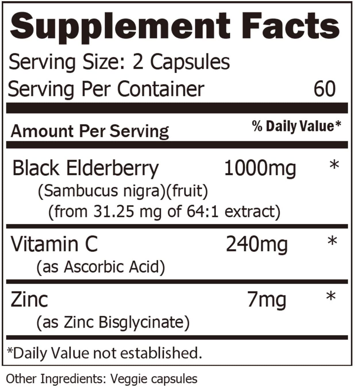 Elderberry Capsules with Zinc & Vitamin C, 120 Capsules, Sambucus Elderberries for Immune Support, Skin Health - Veggie Caps